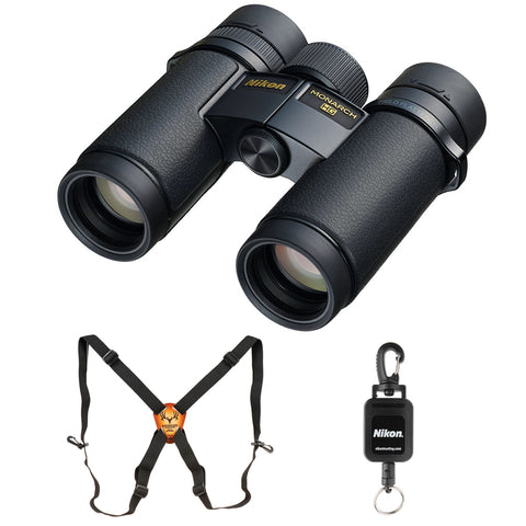 Nikon 10x30 Monarch HG Wide Field of View Binoculars, Black (16576) Bundle with Bino-System Binocular Harness and Nikon Rangefinder Tether