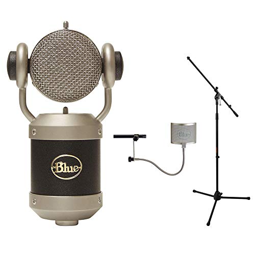 Blue Mouse Microphone with Blue Universal Wire Mesh Windscreen & Tripod Microphone Stand w/Fixed Boom Kit