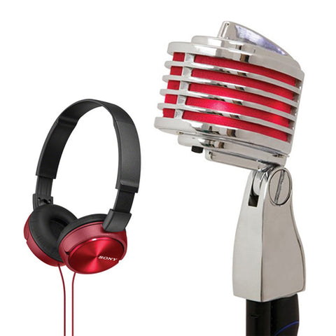 Heil Sound The Fin Dynamic Chrome Vocal Microphone (Red LEDs) with Sony MDR-ZX310AP ZX Series Stereo Headset (Red)