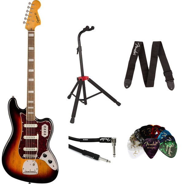 Squier by Fender 6-String Bass Guitar Classic Vibe Bass VI, 3-Color Sunburst, Laurel Fingerboard Bundle with Fender Guitar Stand, Instrument Cable, Guitar Strap and Celluloid Guitar Picks 12-Pack