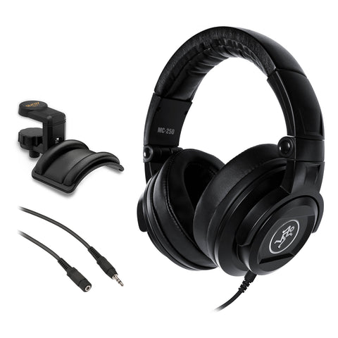 Mackie MC-250 Closed-Back Over-Ear Reference Headphones with Headphone Holder & 25' Stereo Extension Cable Bundle