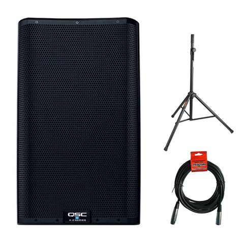 QSC K12.2 Active 12" Powered 2000 Watt Loudspeaker - Open Box with Steel Speaker Stand & XLR Cable Bundle