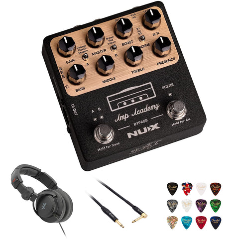 NUX NGS-6 Amp Academy Amp Modeler Guitar Pedal 1024 Samples IR Bundle with Polsen HPC-A30-MK2 Studio Monitor Headphones, Kopul 10' Instrument Cable, and Fender 12-Pack Picks