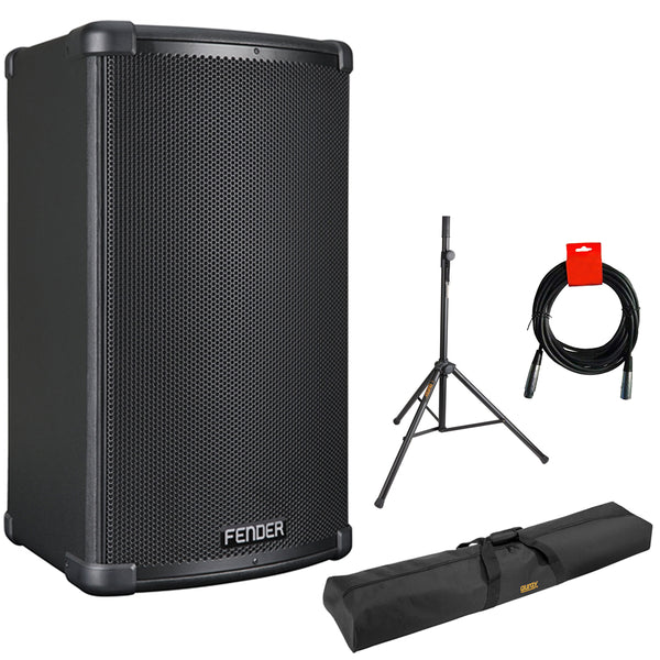Fender Fighter 12" 2-Way 1100 Watts Powered Speaker Bundle with Auray 51" Speaker Stand Bag, Steel Speaker Stand, and 20" XLR-XLR Cable