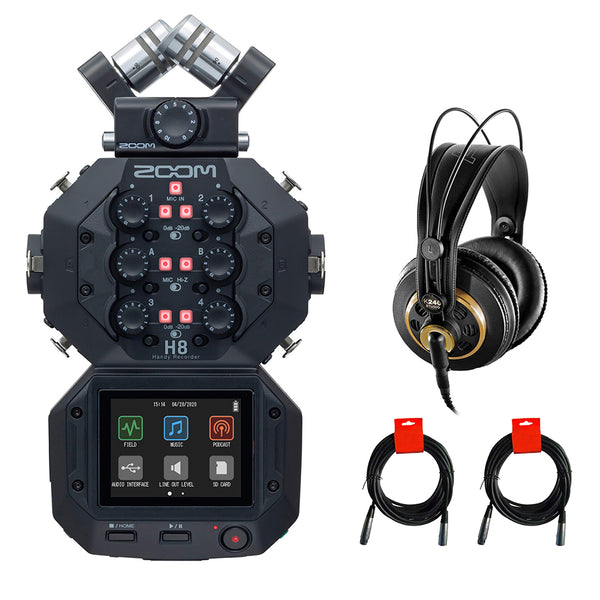 Zoom H8 8-Input / 12-Track Portable Handy Recorder with AKG Pro Headphones & 2x XLR Cable Bundle