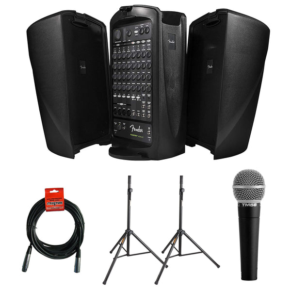 Fender Passport VENUE Self-Contained Portable Audio System with Superlux TM58 Dynamic Microphone, (2) Speaker Stand & XLR Cable Bundle