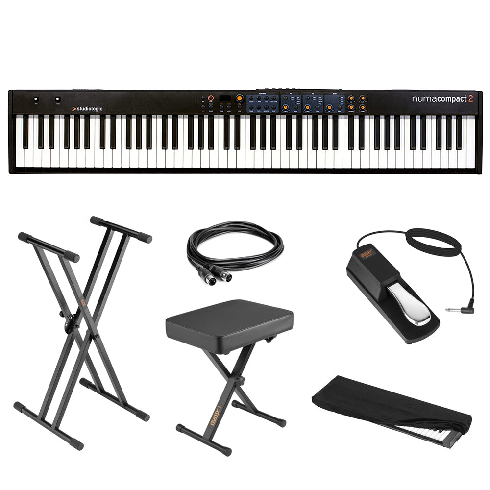 StudioLogic Numa Compact 2 88-Note Semi-Weighted Keyboard Bundle with  Keyboard Stand, Piano Bench, Sustain Pedal, MIDI Cable & Dust Cover