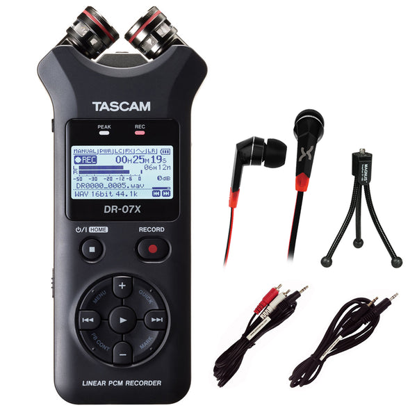 Tascam DR-07X Stereo Handheld Digital Audio Recorder with HLM72 In-Ear Headphones, Tripod & Mini Stereo Cable Bundle