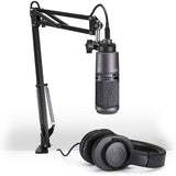 Audio-Technica AT2020USB+PK Vocal Microphone Pack for Streaming/Podcasting, Includes USB Mic w/Built-In Headphone Jack & Volume Control, Boom Arm, & Headphones