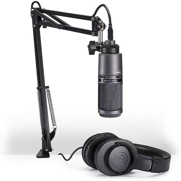 Audio-Technica AT2020USB+PK Vocal Microphone Pack for Streaming/Podcasting, Includes USB Mic w/Built-In Headphone Jack & Volume Control, Boom Arm, & Headphones