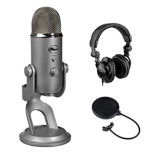 Blue Yeti USB Microphone (Silver) with Polsen HPC-A30 Studio Monitor Headphones & Pop Filter Bundle