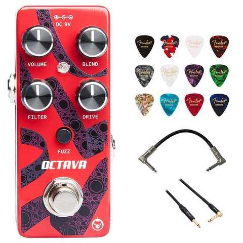 Pigtronix Octava Analog Octave Fuzz Pedal Bundle with Fender 12-Pack Celluloid Guitar Picks, Kopul Phone to Phone (1/4") Cable and Hosa 6" Pro Phone to Phone (1/4") Coupler