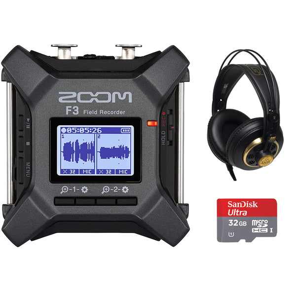 Zoom F3 2-Input / 2-Track Portable Field Recorder Bundle with AKG K240 Studio Pro Stereo Headphones and 32GB microSDHC Memory Card