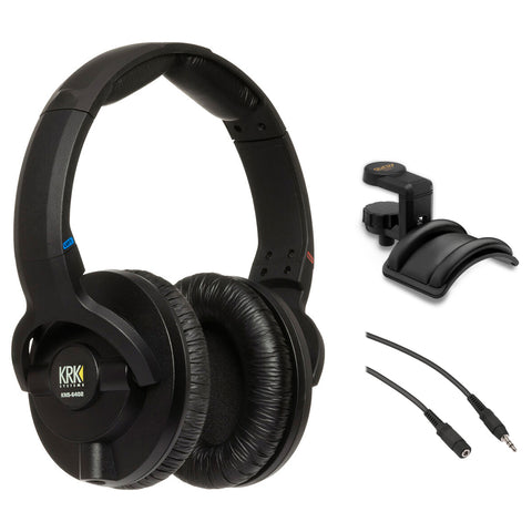 KRK KNS 6402 Studio Over-Ear Mixing/Mastering Headphones, Black (KNS-6402) Bundle with Auray Headphones Holder and 25' Mini to Mini Cable