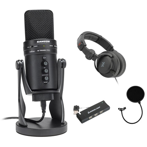 SAMSON Technologies G-Track Professional USB Condenser Microphone with Audio Interface, Black (SAGM1UPRO) Bundle with Samson G-Track Pro Pop Filter, USB Hub, and Studio Headphones