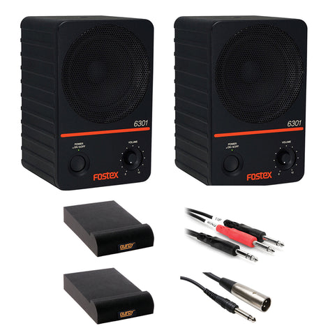 Fostex 6301NE - 4" Active Monitor Speaker 20W D-Class (Pair) with IP-S Isolation Pad (Small, Pair), Stereo Mini Cable 10' & 1/4" Male Insert Y-Cable 3.3' Bundle