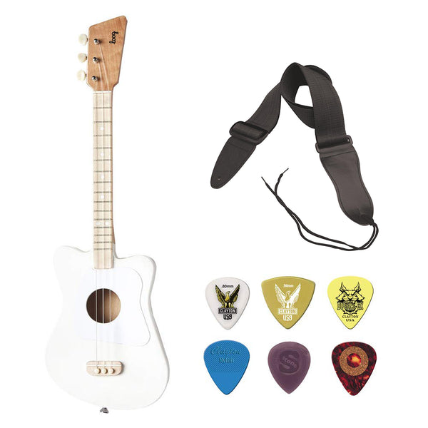 LOOG Mini Guitar for Children (White) with GSA10BK Guitar Strap (Black) & Guitar Pick Assortment 6-Pack Bundle