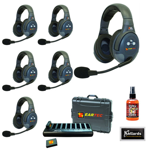 Eartec EVADE EVX6D Full-Duplex Wireless Intercom System with 6 Dual-Ear Headsets (2.4 GHz) with Goby Labs Spray for Mics/Headphones and Kellards Screening Cleaning Wipes (5-Pack)