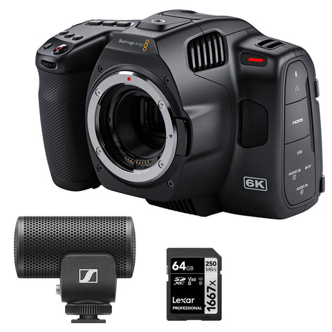 Blackmagic Design Pocket Cinema Camera 6K Pro (Canon EF) Bundle with Sennheiser MKE 200 Camera-Mount Directional Mic and 64GB UHS-II SDXC Memory Card