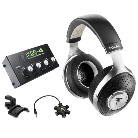 Focal Elegia Audiophile Circumaural Over-Ear Headphones (Black/Silver) Bundle with Mackie HM-4 Headphones Amplifier, Headphone Holder & 5-Way Splitter