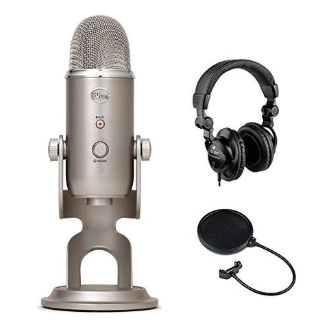 Blue Yeti USB Microphone (Platinum) with Polsen HPC-A30 Studio Monitor Headphones & Pop Filter Bundle