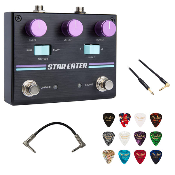 Pigtronix Star Eater Super Jumbo Fuzz Pedal Bundle with Fender 12-Pack Celluloid Guitar Picks, Kopul Phone to Phone (1/4") Cable and Hosa 6" Pro Phone to Phone (1/4") Coupler