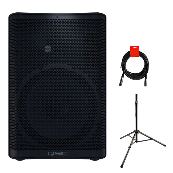QSC CP12 Two-Way 12" 1000W Compact Powered Loudspeaker with DSP with Auray SS-47S Steel Speaker Stand and XLR-XLR Cable