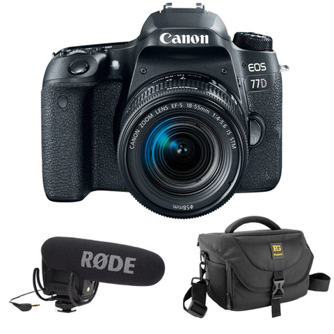 Canon EOS 77D DSLR Camera with 18-55mm Lens plus Rode VideoMic Pro, Rycote Lyre Shockmount and Journey 34 DSLR Shoulder Bag (Black)