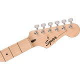 Squier Sonic Stratocaster Electric Guitar, Black, Maple Fingerboard, White Pickguard Bundle with Fender Logo Guitar Strap Black, Fender 12-Pack Celluloid Picks, and Straight/Angle Instrument Cable