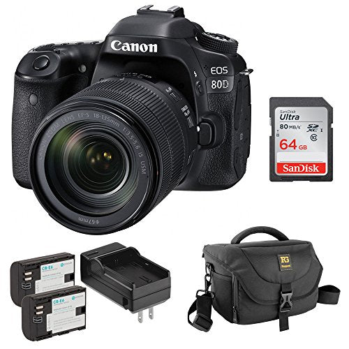 Canon EOS 80D DSLR Camera with 18-135mm Lens with Pawa Dual LP-E6 Lithium-Ion Battery Pack, DSLR Shoulder Bag, 64GB Ultra Memory Card