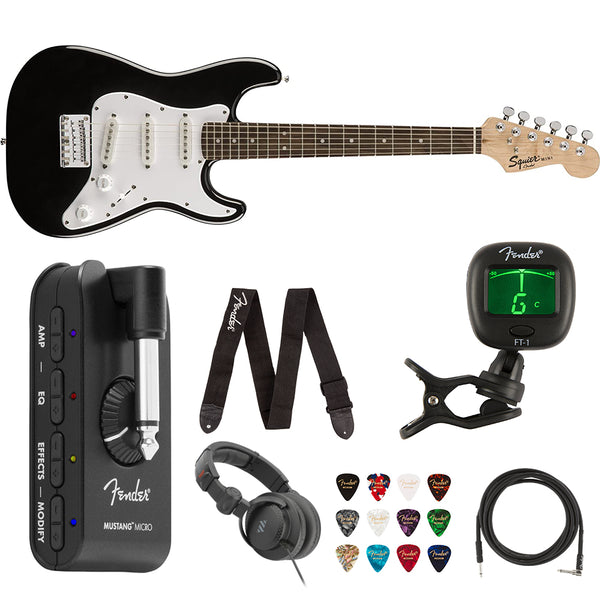 Squier by Fender Mini Stratocaster Electric Guitar, Indian Laurel Fingerboard (Black) Bundle with Fender Mustang Amp, Guitar Strap, Instrument Cable, FT-1 Tuner, 12-Pack Picks, and Headphone