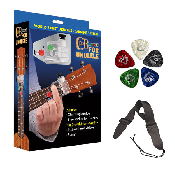 Chorbuddy For Ukulele - Complete Learning Package with Planet Waves Classic Pearl 10-Pack Guitar Pick & Guitar Strap Bundle
