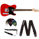 Squier Sonic Telecaster Electric Guitar, Torino Red, Laurel Fingerboard Bundle with Fender Logo Guitar Strap Black, Fender 12-Pack Celluloid Picks, and Straight/Angle Instrument Cable