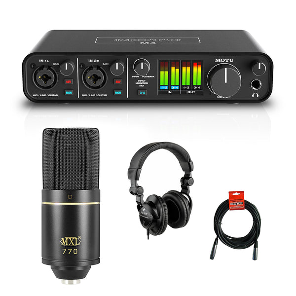 Motu M4 4x4 USB Audio Interface with MXL 770 Cardioid Microphone (Black), HPC-A30 Studio Monitor Headphones & XLR Cable Bundle