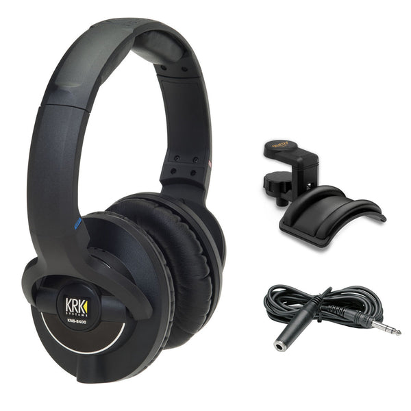 KRK KNS 8400 Closed-Back Stereo Headphones with Headphone Holder & Stereo 1/4" Extension Cable 10' Bundle