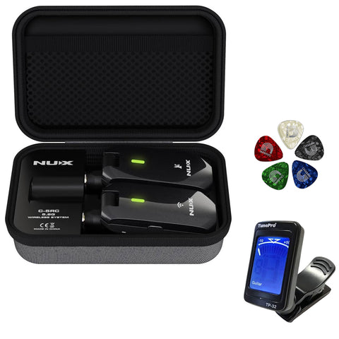 NUX C-5RC 5.8GHz Wireless Guitar System for Active or Passive Pickup Guitar, Bundle with TunerPro TP-32 Mini Tuner and Guitar Picks