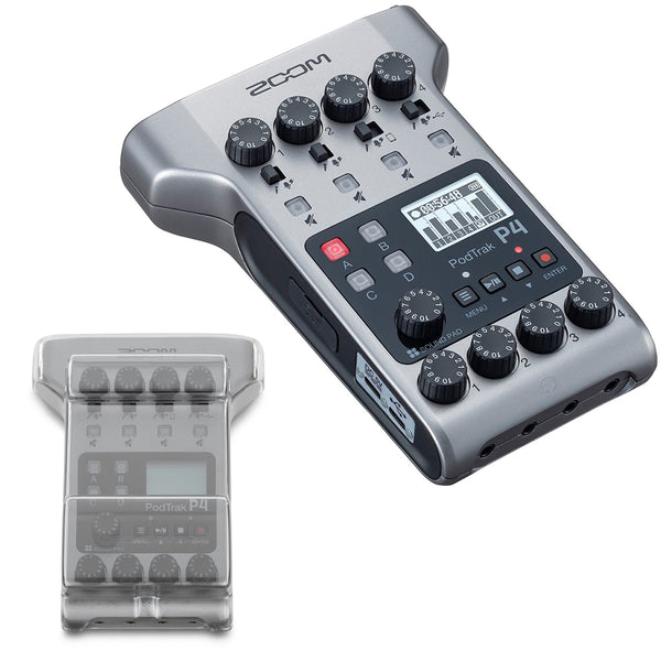 Zoom PodTrak P4 Portable Multitrack Battery Powered, 4 Microphone Inputs, 4 Headphone Outputs, 2-In/2-Out Podcast Recorder Bundle with Decksaver Zoom Podtrak P4 Cover (DS-PC-ZOOMP4)