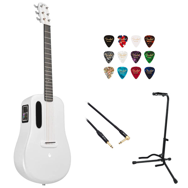 Lava Music Blue Lava 36" Electric Acoustic SmartGuitar with HiLava System and AirFlow Bag (Sail White) Bundle with Kopul 10' Instrument Cable, Fender 12-Pack Picks, and Gator Guitar Stand