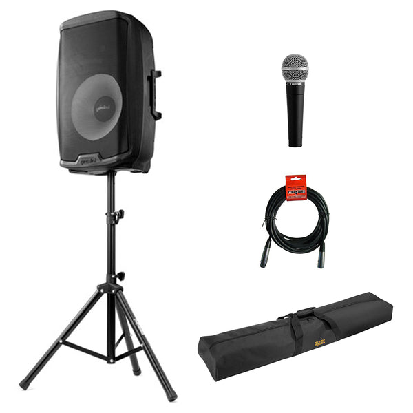 Gemini 2000W 15" Active Bluetooth Loudspeaker with Stand & Mic Bundle with Polsen M-85 Professional Microphone, Auray Speaker Stand Bag 51" and XLR- XLR Cable