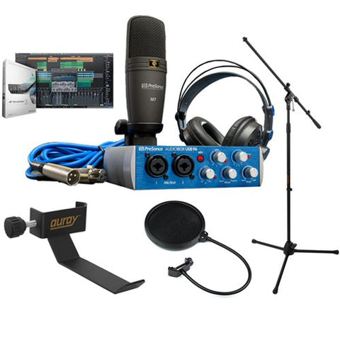 PreSonus AudioBox 96 Studio Complete Hardware/Software Recording Kit with COHH-2 Clamp On Headphone Holder, Tripod Microphone Stand and Pop Filter