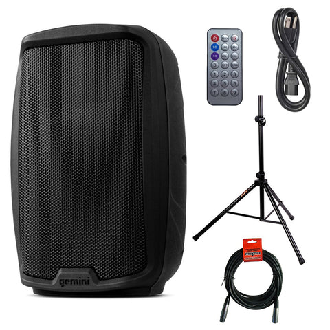 Gemini Sound AS-2108BT Active 8" Inch Woofer 500W Watt DJ Monitor Powered Amplified PA Speakers System With Bluetooth Bundle with Auray SS-4420 Steel Speaker Stand and XLR Cable