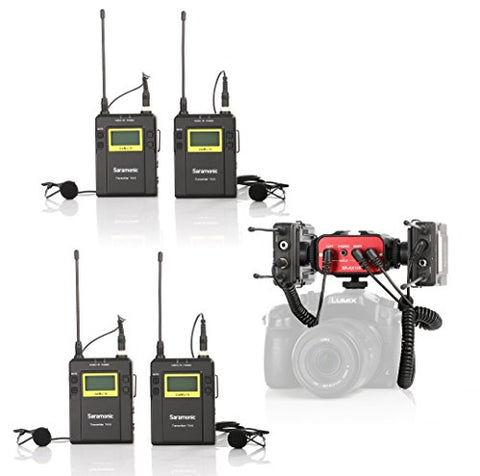 Saramonic Wireless UHF Quad Lavalier System with 4 Bodypack Transmitters, 2 Portable Receivers, and 2-Channel Audio Mixer for DSLR Cameras & Camcorders