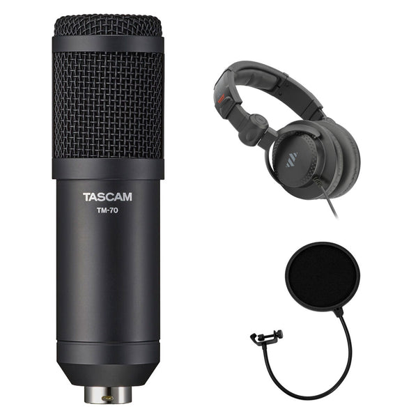 Tascam TM-70 Dynamic Broadcast Microphone for Professional Podcasting and Live Streaming Bundle with Polsen Studio Monitor Headphones and Pop Filter
