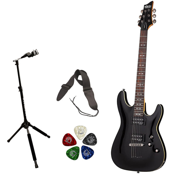 Schecter OMEN-6 6-String Electric Guitar (Black) Bundle with Ultimate Support Pro Guitar Stand, Guitar Strap and Classic Guitar Pick (10-Pack)