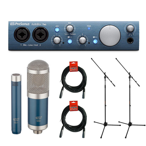 PreSonus AudioBox iTwo USB 2.0 & Recording Interface with MXL 550/551 Microphone Ensemble Kit (Blue), Microphone Stand (2-Pcs) & 20' XLR Cable (2-Pcs) Bundle