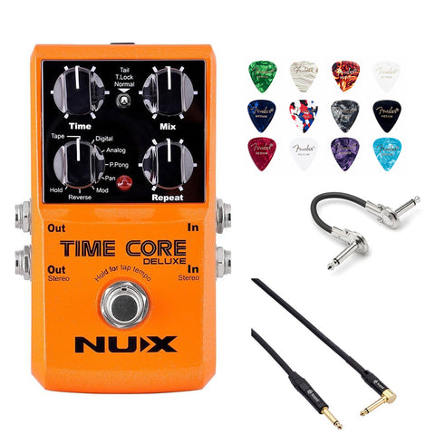 NUX Time Core Deluxe mkII Pedal with 7 Different Delays, Phrase Looper, and Tap Tempo Bundle with Kopul 10' Instrument Cable, Hosa 6" Guitar Patch Cable and Fender 12-Pack Guitar Picks