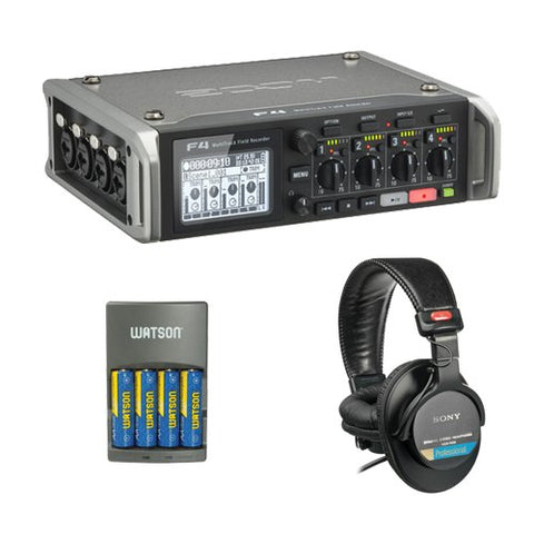 Zoom F4 Multitrack Field Recorder Kit with Sony MDR-7506 Headphones, 4 AA Batteries & Charger