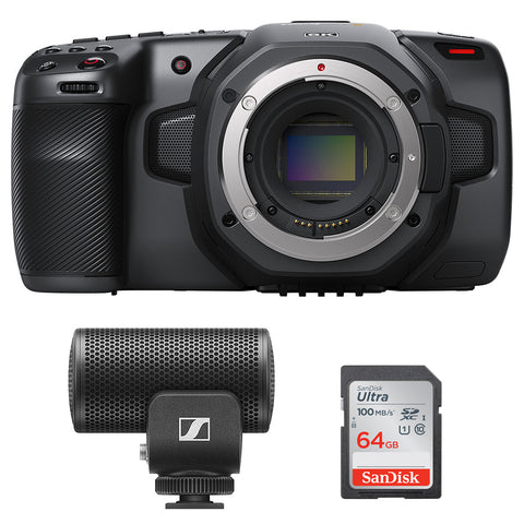 Blackmagic Design Pocket Cinema Camera 6K (Canon EF/EF-S) Bundle with Sennheiser MKE 200 Camera-Mount Directional Mic and 64GB SDXC UHS-I Memory Card