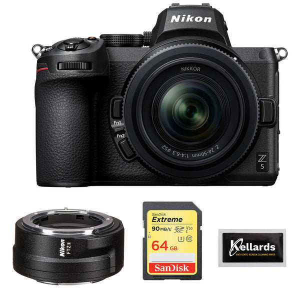 Nikon Z 5 Mirrorless Digital Camera with 24-50mm Lens Bundle with FTZ II Mount Adapter, 64GB Memory Card, and Camera Cleaning Pack