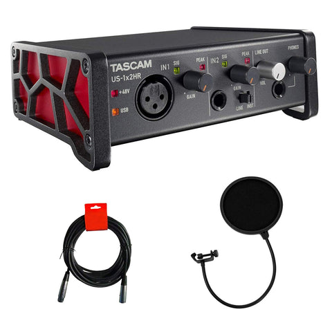 Tascam US-1x2HR Desktop 2x2 USB Type-C Audio Interface Bundle with Pop Filter & XLR Cable